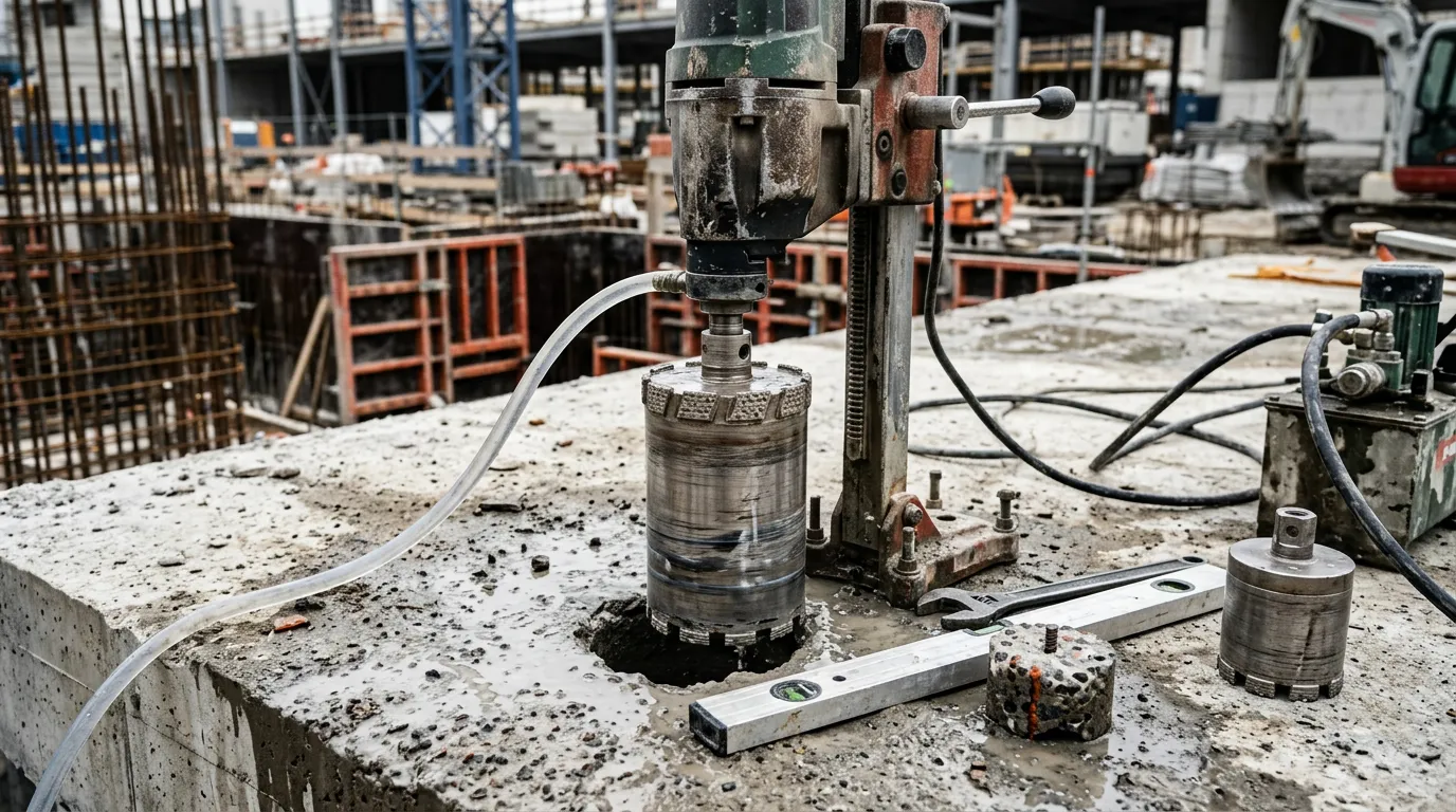 Industrial drilling equipment and core boring tools on concrete surface, close-up view of diamond drill bit, construction site background