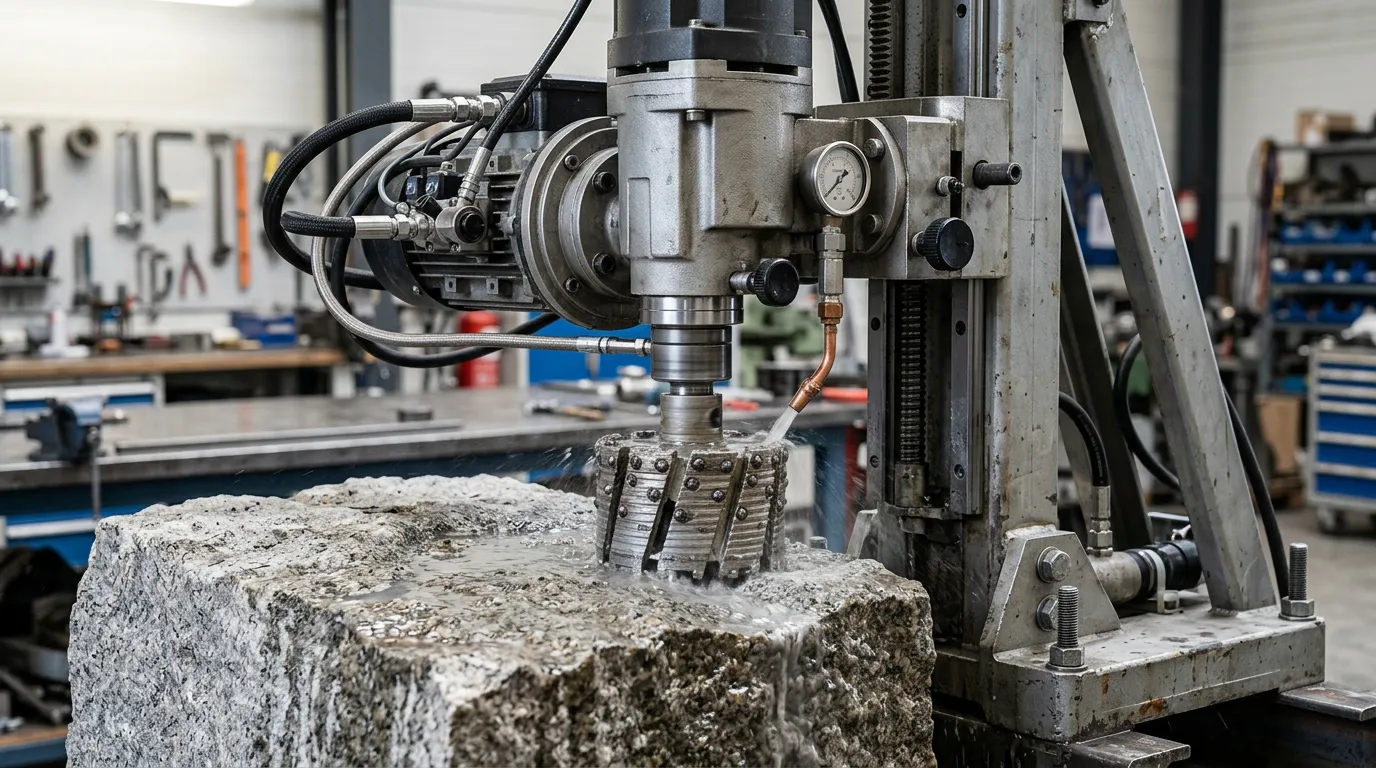 High-frequency diamond drill machine mounted on industrial stand, detailed view of drilling head with diamond crown, technical precision tool