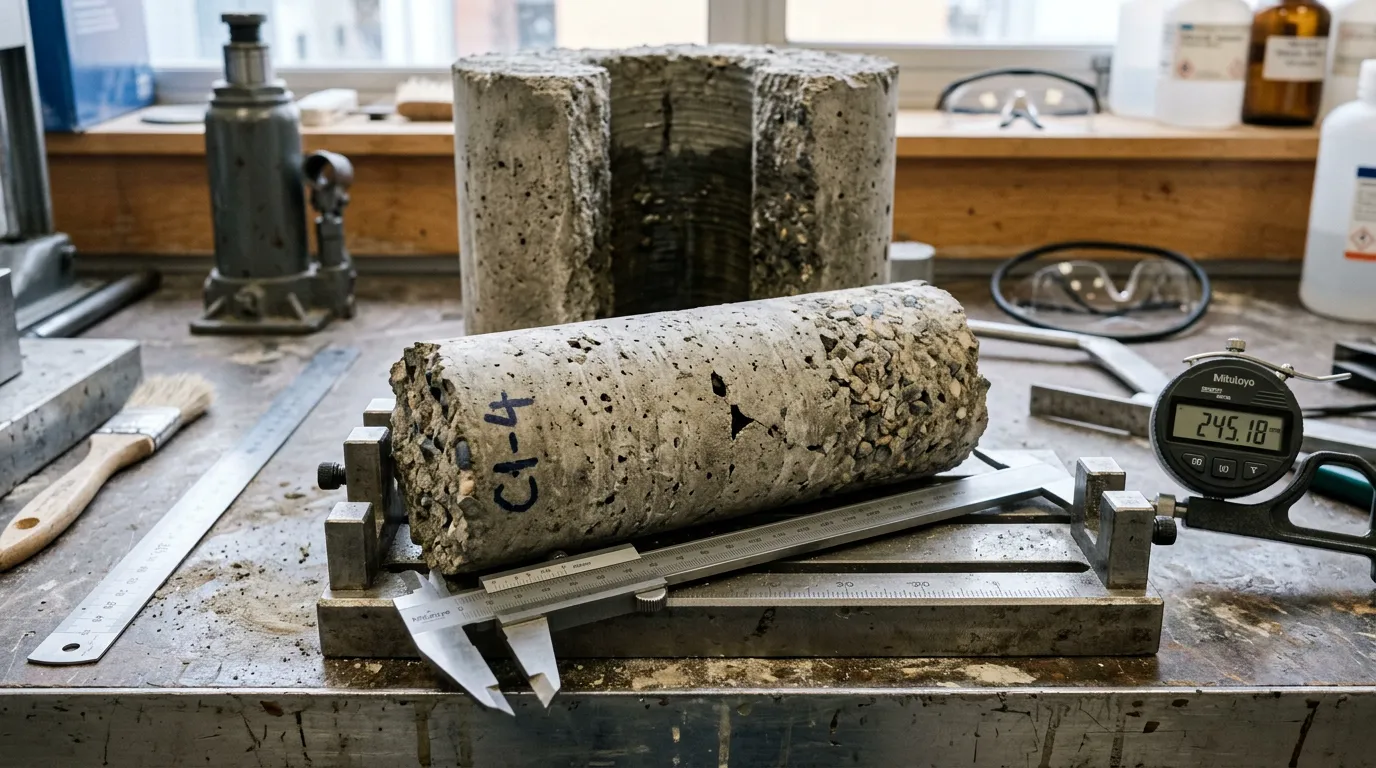 Concrete core sample with cylindrical bore hole, technical close-up of extracted drilling core, laboratory setting with measurement tools