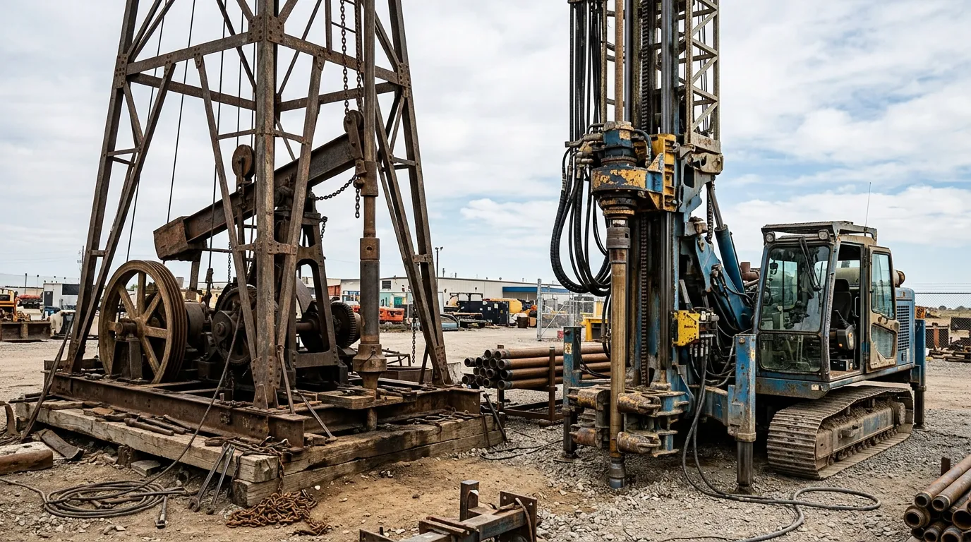 Vintage and modern drilling equipment side by side, historical versus contemporary bore drilling tools, industrial archive style